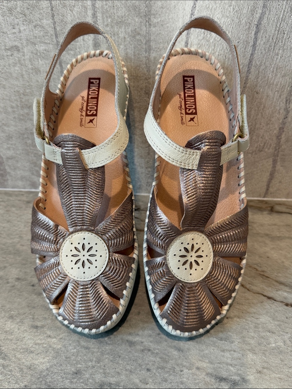 PIKOLINOS Puerto Vallarta Metallic Taupe & Cream Floral Cutout Slingback Sandals